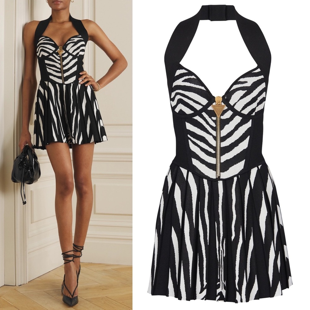 Balmain Zebra Jacquard Zip Embellished Ribbed Knit Halter Gold Button Mini Dress - Picture 3 of 17